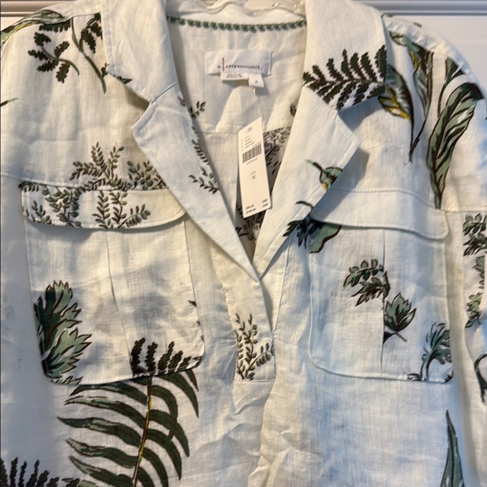 Anthropology White and Green Leaf Print shirt
